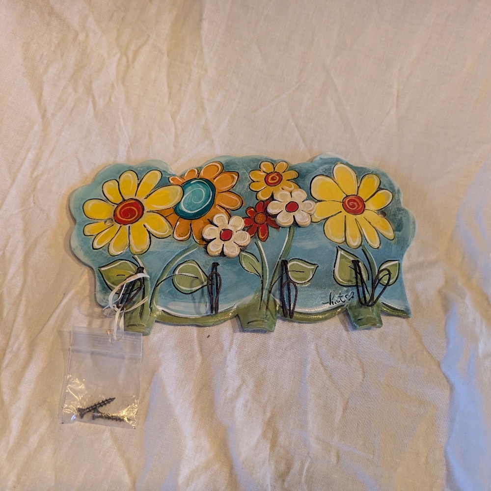 2/40Hand-Painted 3D Floral Wall Hook Plaque in Yellow and Turquoise - Hand Made